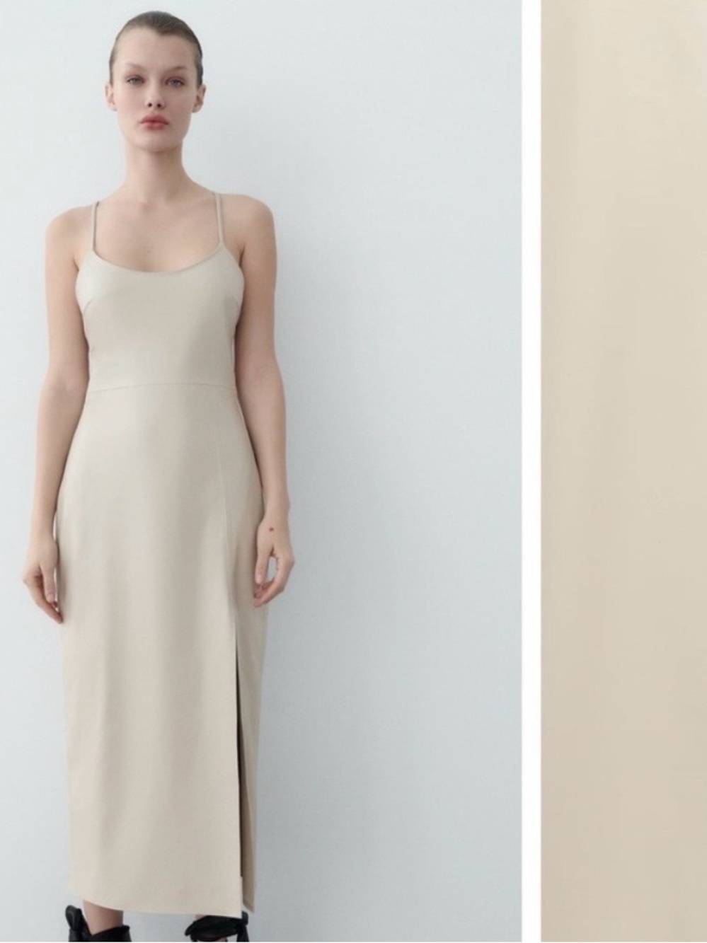 Zara Beige Slip Midi Dress with Slim Straps